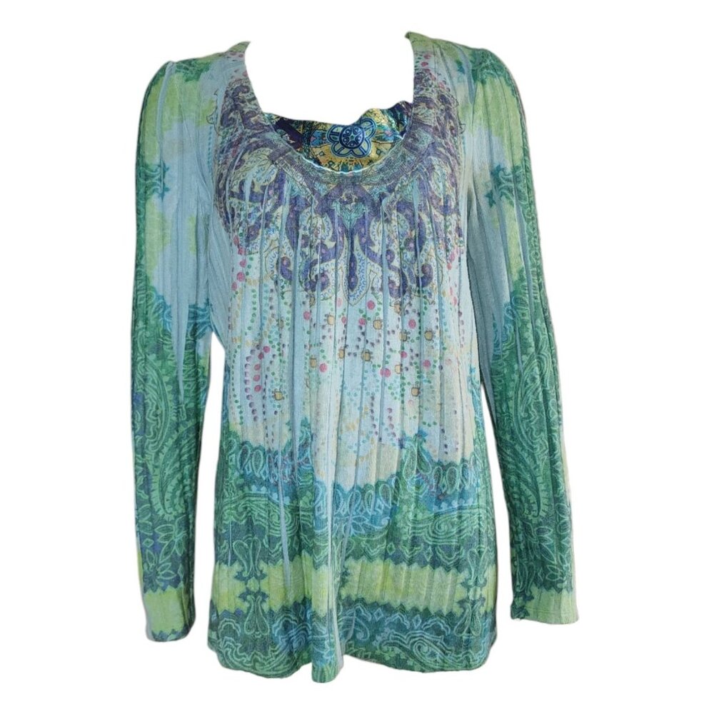 One World Sweater Womens Plus Size 1X Ribbed Boho Artsy Soft Blue Green Pleated